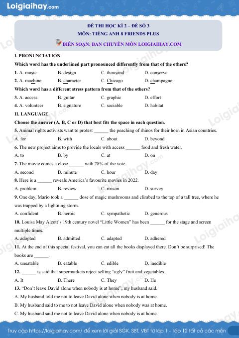 Đề thi học kì 2 Tiếng Anh 8 Friends Plus - Đề số 3